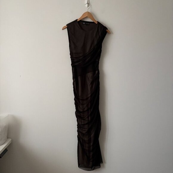 Zara Tulle Mixed Maxi Dress Black Grey Size Medium Blogger Fav - Picture 8 of 13